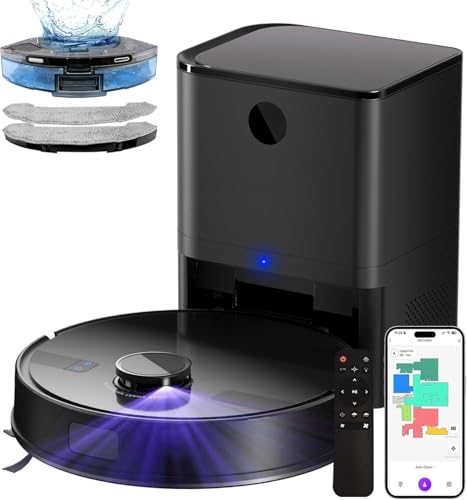 MS1MAX Robot Vacuum with Mop, 5000Pa Strong Suction, Lidar Navigation Robotic Vacuum with 3.5L Self-Empty Station, 180mins Runtime, APP/Remote/Voice Control, for Hard Floors and Carpets