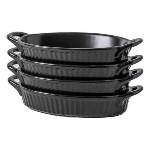 Frewinky Baking Dishes,9-inch Ceramic Baking Dish Set with Handles Heat Resistant,Mini Casserole-Dishes for Oven, Porcelain Oval Baking Dishes for Gratin,Casserole and Roasting,Black Cover