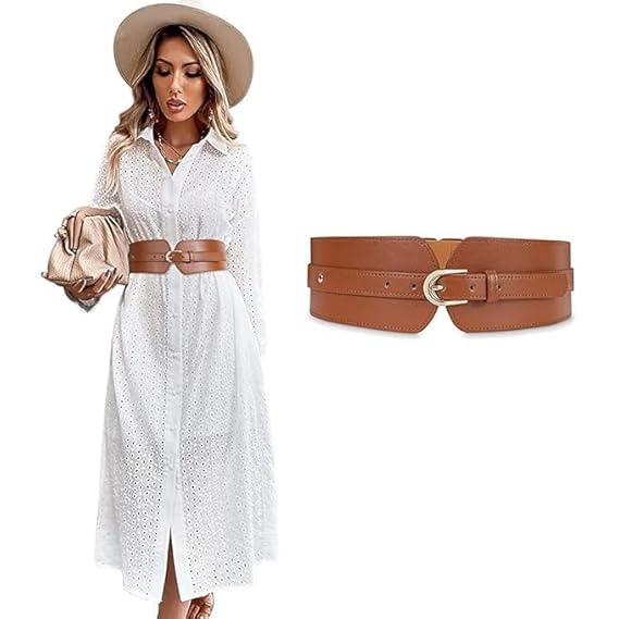 Women's PU Waist Belt – Stretch Cinch Belt for Dresses & Blazers Vintage Metal Interlocking Buckle Design, Stylish & Elegant Accessory (Brown, 23-33 inches)-image-45