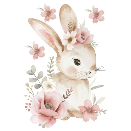 Hoppla - Sticker Mural Enfant XL - Petit Lapin Fleuri - 60x40cm - Décoration Chambre Bébé Fille - Autocollant Mural Repositionnable - Sticker Lapin