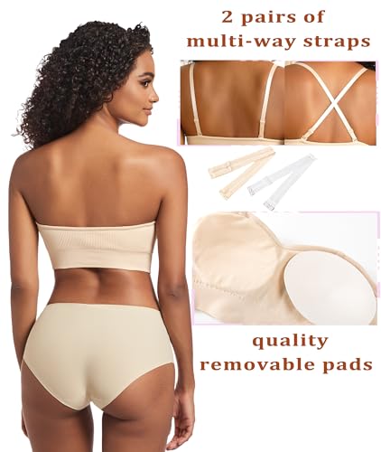 PRETTYWELL Strapless Bra for Women Ribbed Seamless Non-Slip Comfort Padded Wireless Bandeau Bras Wireless Tube Top Bra4