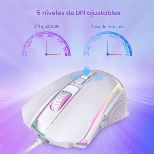 Ratón para juegos de PC con 8000 dpi ajustable y botones macro programables 3