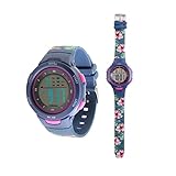 Kiddus Digitaluhr für Mädchen und Jungen. Mit Stoppuhr, Kalender, Wecker und Licht. Wasserbeständig. Beleuchtete LED Sportarmbanduhr für Kinder. Tropische Blumen