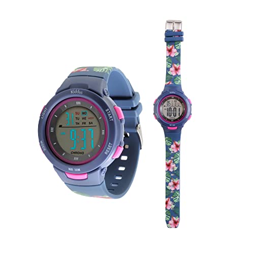 Kiddus Montre Numérique pour Filles et Garçons. avec Chronomètre, Calendrier, Réveil, Rétroéclairage. Résistant a l’Eau. Montre-Bracelet a LED Lumineuse Sportive pour Enfants. Fleurs Tropicales