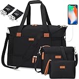 BAGODI Gym Bag for Women, Weekender Overnight Bag with USB Charging Port, Sport Travel Duffel Bag with Wet Pocket & Shoe Compartment, Carry on Tote Bag for Travel/Gym/School 5 Pcs Set