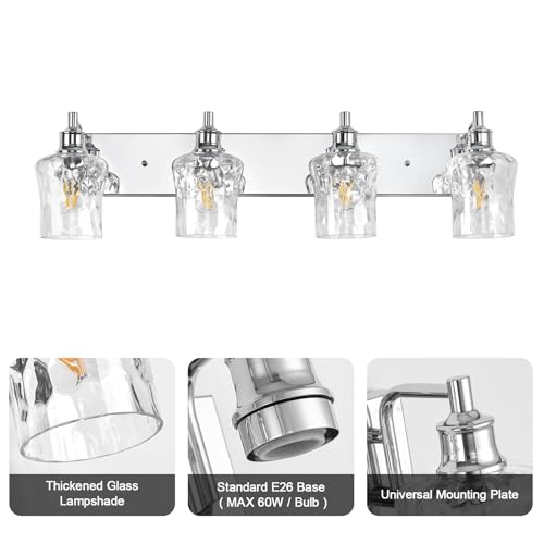 Image of Bathroom Light Fixtures Farmhouse Chrome Vanity Lights for Bathroom Lighting Fixtures Over Mirror with Hammered Glass Lampshade for Cabinet Mirror Bedroom Hallway 4 Light