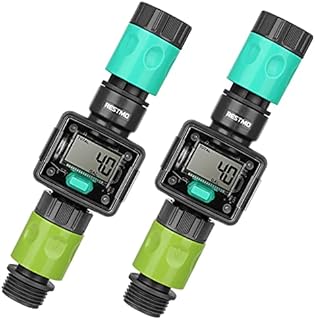 [2 Pack] RESTMO Digital Water Flow Meter, Measure Gallon/Liter Consumption and Flow Rate for Outdoor Garden Hose, Ideal for RV Hose, Lawn Sprinkler and Hose Nozzle Sprayer, Quick Connectors Included