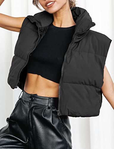 Merokeety Women's Stand Up Collar Solid Color Crop Puffer Jacket Vest Warm Outerwear Padded Gilet,Black,M #TOP1