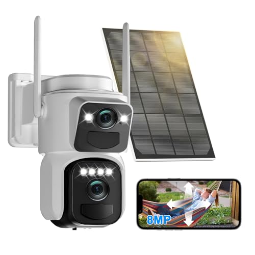 8MP Telecamera Wi-Fi Esterno con Pannello Solare Senza Fili,Videocamera Sorveglianza Batteria Doppio Obiettivo Lente Wifi,360 PTZ,Audio Bidirezionale,Rilevamento Umano con AI,Visione Notturna a Colore
