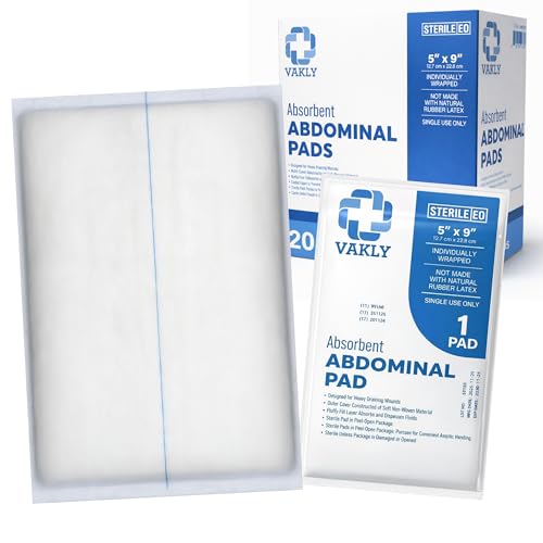 Vakly ABD Combine Abdominal Pads 5x9 (20 Pack) Sterile Gauze Wound Dressing – High Absorbency Non-Adherent Post-Op Surgical Pads for Heavy Drainage & First Aid, Individually Wrapped