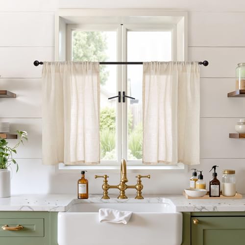 Image of BGment Natutal Linen Cafe Curtains 30 Inch Length, Farmhouse Kitchen Window Drapes Semi Sheer with Rod Pocket Lightweight Textured for Bathroom Over Sink Decor, 2 Panels Set, 30 Inch Wide