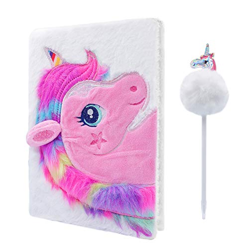 Plush Unicorn Notebook, Cyiecw Magic Diary for Girls Lovely Unicorn Fluffy Notebook 160 Pages for Writing and Drawing Birthday Christmas Gifts for Girls (White)