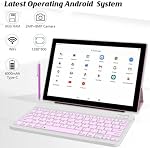 2 en 1 tablette 10 Inch Android 15 OS Tablettes, comprimés avec clavier, souris, boîtier, stylus, 32GB ROM+8 Go RAM, 8MP Caméra double, processeur Quad Core, 6000mAh Batterie, 10.1 dans FHD Tab Rose
