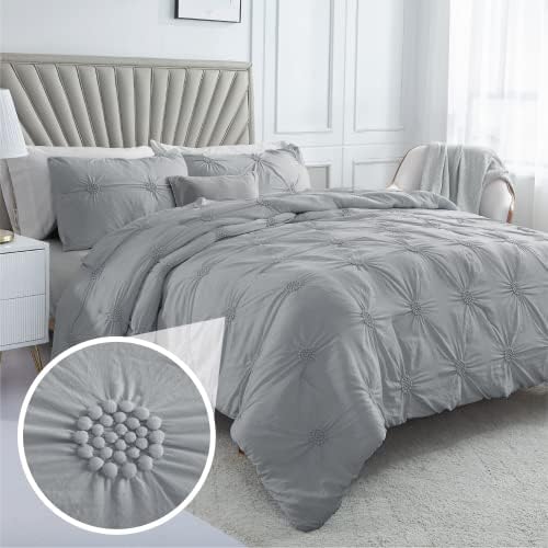 Swift Home Twin Twin XL Gray 2-Piece Down Alternative Comforter Set Bedding Ruched 3D Floral Pintuck All-Season, Machine Washable