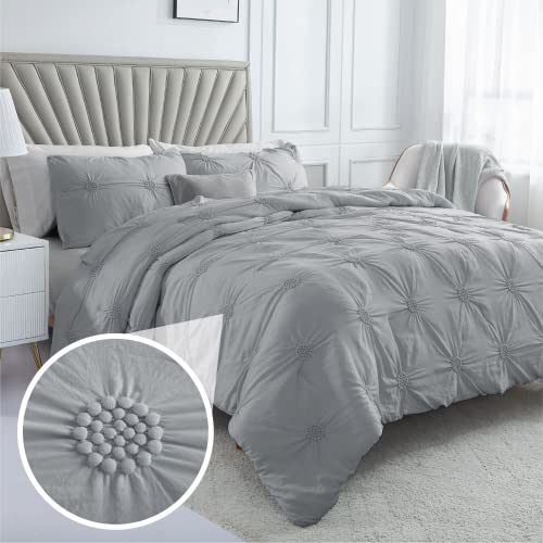 Image of Swift Home Full /Queen Gray Comforter Set - Ruched 3D Floral Pintuck Bedding Set - 3 Pieces Bed Linen, 1 Comforter and 2 Pillow Shams