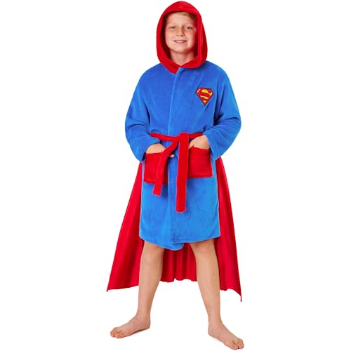 DC Comics Superman Peignoir avec Cape Enfant Garçon, 5-14 Ans, Peignoir Capuche en Polaire Douce, Super Héros Cadeau Garçon (7-8 Ans, Bleu/Rouge)