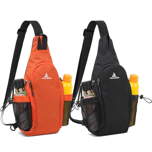 Peicees Pack of 2 Small Sling Bag with 2 Bottle Holders, Sling Backpack Crossbody Bag Chest Daypack for Daily Use Travel, Bottle Not Included, Orange and Black