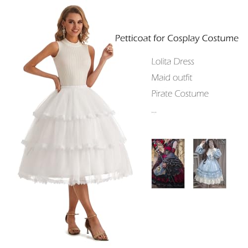 Women’s 3 Hoop Petticoat White Crinoline Underskirt for Cosplay Lolita Retro Dress Length Adjustable PPT6302