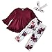 YWLINK Conjuntos De Ropa para NiñAs, Moda Manga Larga Volante Fruncido Color SóLido Tops Mangas Acampanadas + PantalóN Estampado+ Diadema Conjunto De 3 Piezas Lindo Vestido De Fiesta