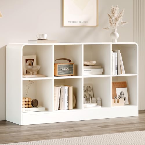 EXPERLAM White 8 Cube Storage Organizer with Rounded Edges and Reinforced Base, Low Horizontal Cube Bookshelf, Wooden Cube Shelf Bookcase for Living Room, Kids Room, Bedroom, TV Stand