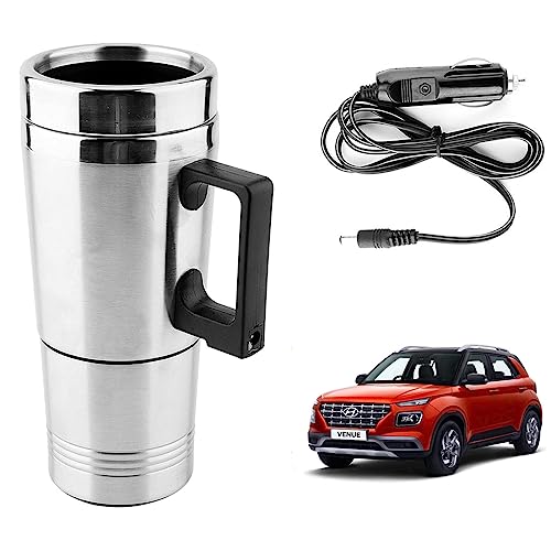 Image of Oshotto 12V Stainless Steel Car Heating Kettle /Mug, Travel Friendly electric Tea /Coffee maker Compatible with Hyundai Venue (300ml) - Silver