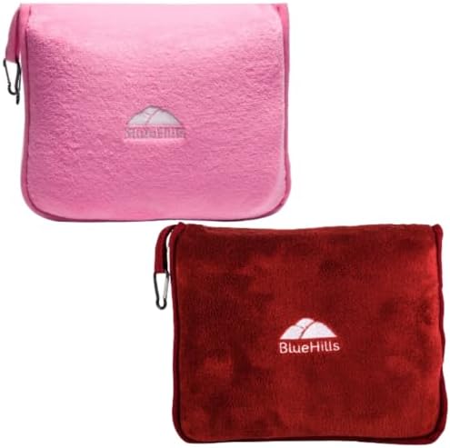 BlueHills Premium Soft Travel Blanket Pillow Value Pack Set of 2 Airplane Flight Blanket Throw in Carry Case with Luggage Belt & Backpack Clip, Travel Must Haves for Frequent Flyers, Pink & Red