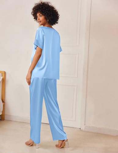 Image of Ekouaer Mens Satin Pajamas Set Button-Down Short /Long Sleeve Shirt Top Soft Silk Sleepwear Loose Pocket Pant Loungewear