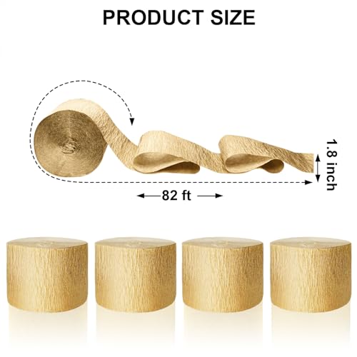 Image of 4 Crepe Paper Streamers Rolls, 328ft Gold Crepe Paper for Wedding Graduation Anniversary Baby Shower Birthday Party Decorations (1.8 inch x 82 ft /Roll)