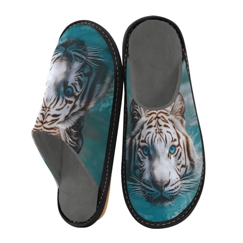 STAYTOP White Tiger with Blue Eyes House Slippers for Women,Mens Fuzzy Slippers,Soft Comfy Memory Foam Non-slip Indoor & Outdoor House Shoes-25