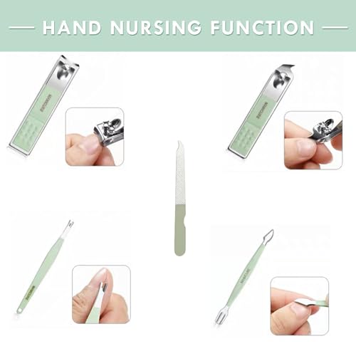 Yindella 16 pcs Stainless Steel Nail Care Tools Pink Manicure Set Professional Nail Clippers Pedicure Kit 1 Grooming Kit with Luxurious Travel Leather Case for Men Women (Green) - Image 4