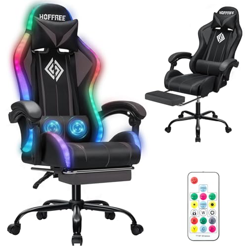 Image of Gaming Chair Massage with LED RGB Lights and Footrest Ergonomic Computer Chair High Back Video Game Chair with Adjustable Lumbar Support Linkage Armrest Grey and Black