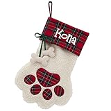 Personalized Planet Dog Paw Christmas Stocking with Custom Pet Name Printed | White Faux Sherpa with Red Plaid Cuff and Dog Bone Accents | Festive Christmas Décor | Ready to Hang