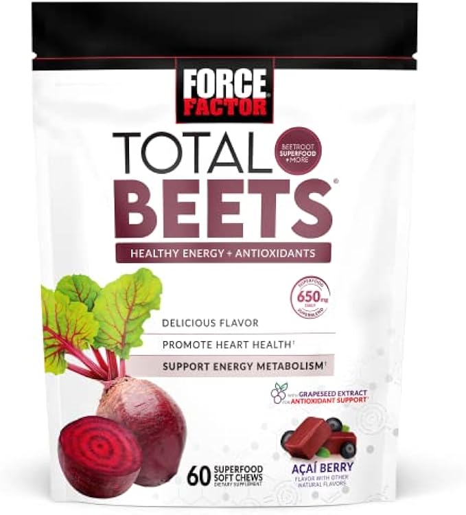 Force Factor Total Beets Soft Chews with Beetroot, Nitrates, L-Citrulline, Grapeseed Extract, and Antioxidants, Healthy Energy Supplement with Elite Ingredients, Heart Health Superfood, 60 Chews