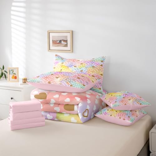 Image of Erosebridal Rainbow Hearts 7 Piece Bed in A Bag Twin Comforter Set Gold Heart Bedding Set for Girls Kids Valentine Love Geometric Sheet Set with Comforter Love Heart Quilt Duvet
