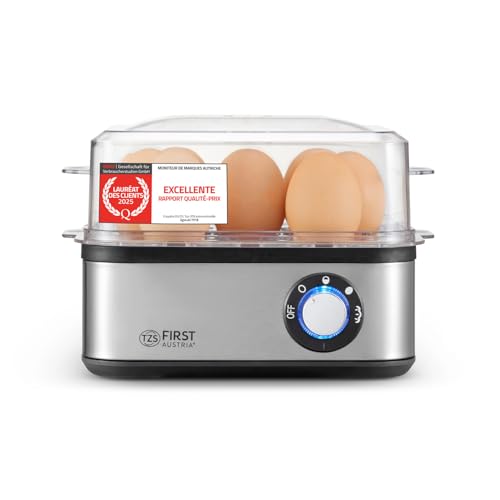 TZS First Austria Cuiseur à Œufs Argent - 8 Œufs - 4 Niveaux de Cuisson incl. Vapeur - Arrêt Auto avec Signal - Protection Surchauffe - Doseur & Pochoir -...