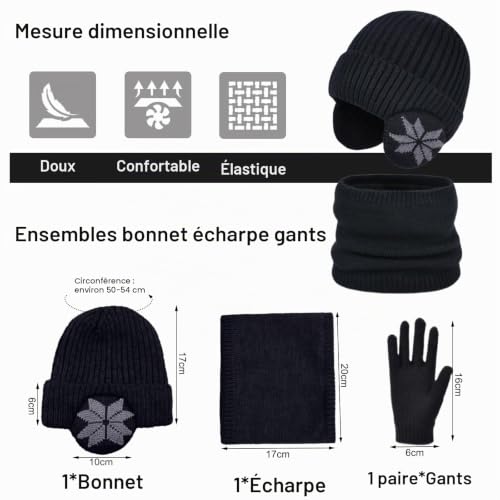 Enwokran D'hiver Enfant Bonnet avec Cache-Oreille Écharpe Gants 3 en1, Doublure Intérieure en Polaire Bonnet en Tricot Chaud Élastique Cache-Cou Gants à écran Tactile pour Fille Garçon 4-10 (Noir) – vue 6