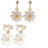 BLPRKOT 2 Piezas Pendientes de Margaritas para Mujer, Pendientes de Botón con Aguja de Plata y Pendientes de Clip sin Agujero, Joyas de Flores Blancas para Regalo y Uso Diario
