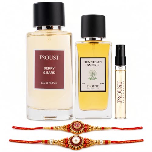 Image of PROUSTFRAGRANCES Berry & Bark Perfume 100ml Rakhi Fragrance Gift Set | Hennessey Smoke EDP 50ml, 2 Rakhis & 1 Fragrance Tester included | Premium festive combo with bold fruity & woody notes