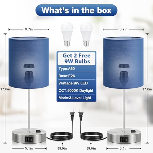 Fenmzee Touch Lamps for Bedroom Set of 2 - Dimmable, USB C+A, AC Outlet - 3