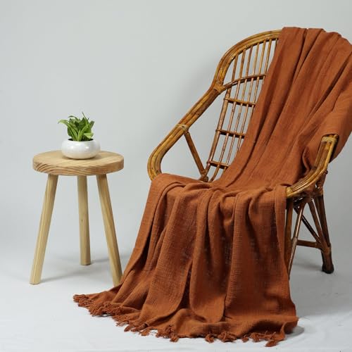 Image of Handmade Cotton Jute Sofa Throw 50x60 Inch Solid Soft Blanket for Living Room, Bed, Couch (Rust Brown)