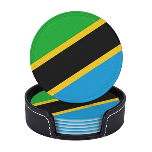 Sous-verres en cuir imprimé drapeau Tanzanie sous-verres ronds ensemble de 6 dessous de verre avec support tasse mat décor de table