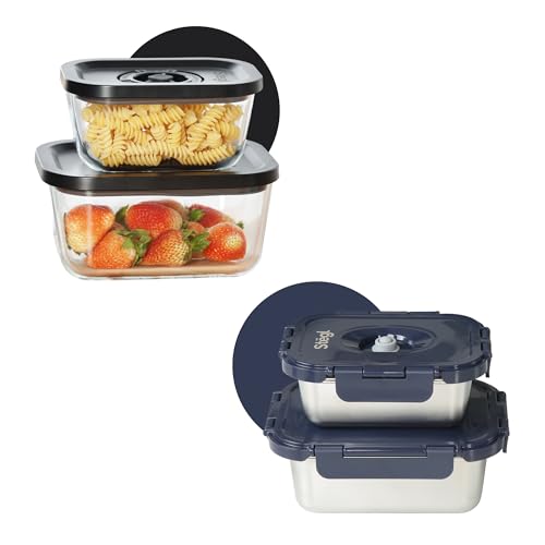 Image of Stegl Vacuum Container Set of 4 Glass & Steel Food Containers Airtight Storage Set | 5x Longer Freshness with Valve Lid | Microwave & Dishwasher Safe BPA Free Multicolor