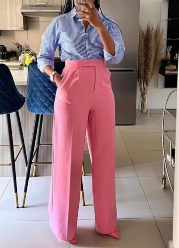 Women High Waist Wide Leg Dress Pants Straight Leg Business Work Slacks Casual Button Down Office Trousers with Pockets3
