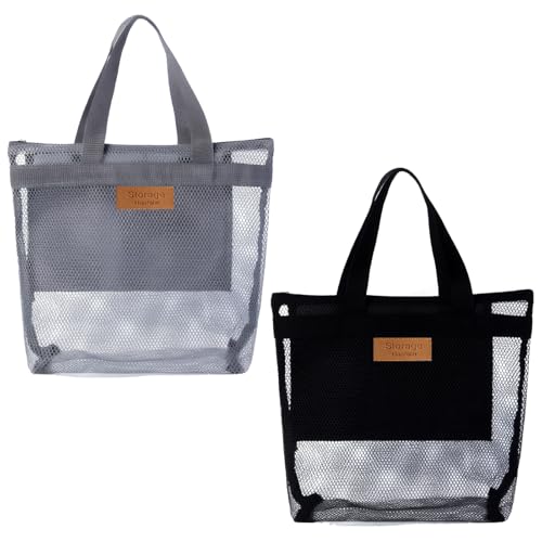 ZhouWei 2 peças saco brinquedos de praia, saco de praia de malha, mochila areia brinquedos reutilizável, para duche, natação, campismo, compras, férias (preto, cinzento)