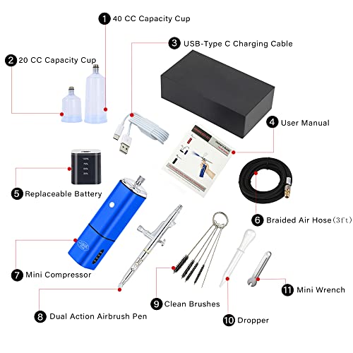 Image of Cordless Airbrush Kit with Compressor Dual Action Rechargeable Detachable Air Brush Gun Portable for Makeup Art Painting Craft Cake Tattoo Model Barber with Two Replacement Batteries