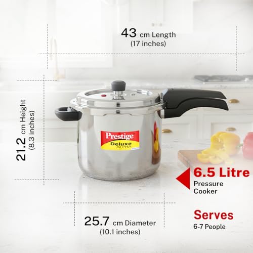 Image of Prestige 6.5 Litre Stainless Steel Deluxe Alpha Svachh Outer Lid Pressure Cooker | 10Y Warranty | Deep Lid for Spillage Control | TRIPLY Base | Gasket Release System | Gas & Induction Compatible | ISI