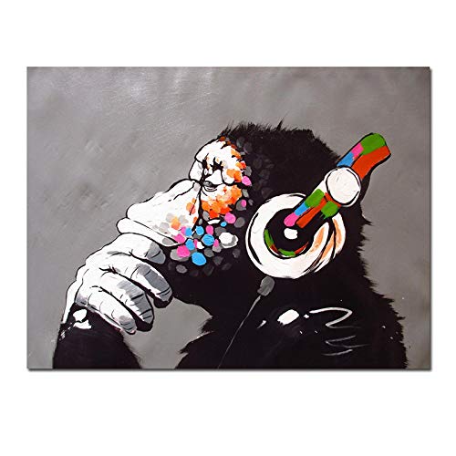 Affiche singe écoutant de la musique en toile colorée sans cadre pour salon 40x56 cm