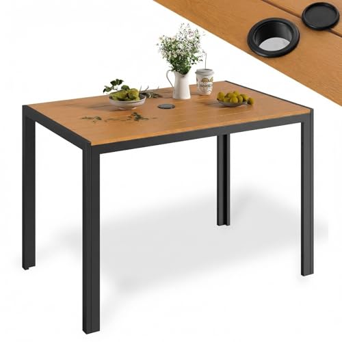 LIFERUN Table de jardin avec trou de parasol, 110 x 70 cm, résistante aux intempéries, cadre en aluminium, plateau de table WPC, table à manger rectangulaire d'extérieur pour terrasse, marron teck