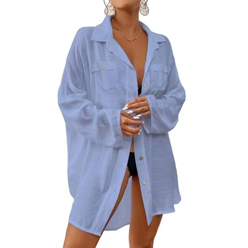Bsubseach Women Button Down Beach Shirt Cover Up for Swimwear Blouse Tops Without Tie-light Blue
