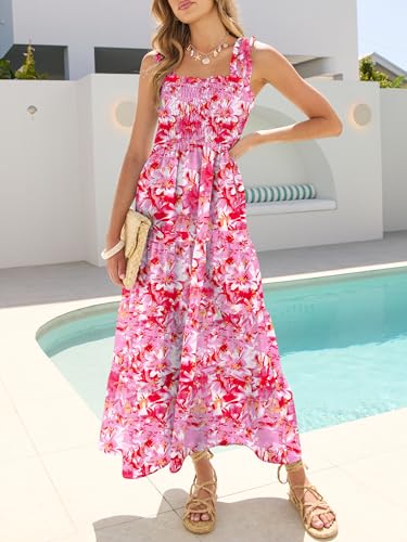 Image of Caracilia Womens Summer Maxi Dresses Floral Smocked Sleeveless Ruffle Boho Casual Flowy Aline Beach Vacation Long Sundress